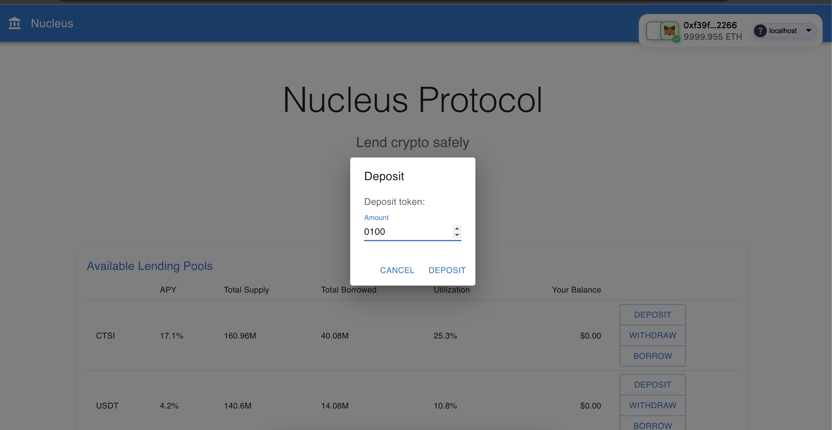 Nucleus DeFi Lending Protocol - Deposit Screen | Built with Cartesi Rollups